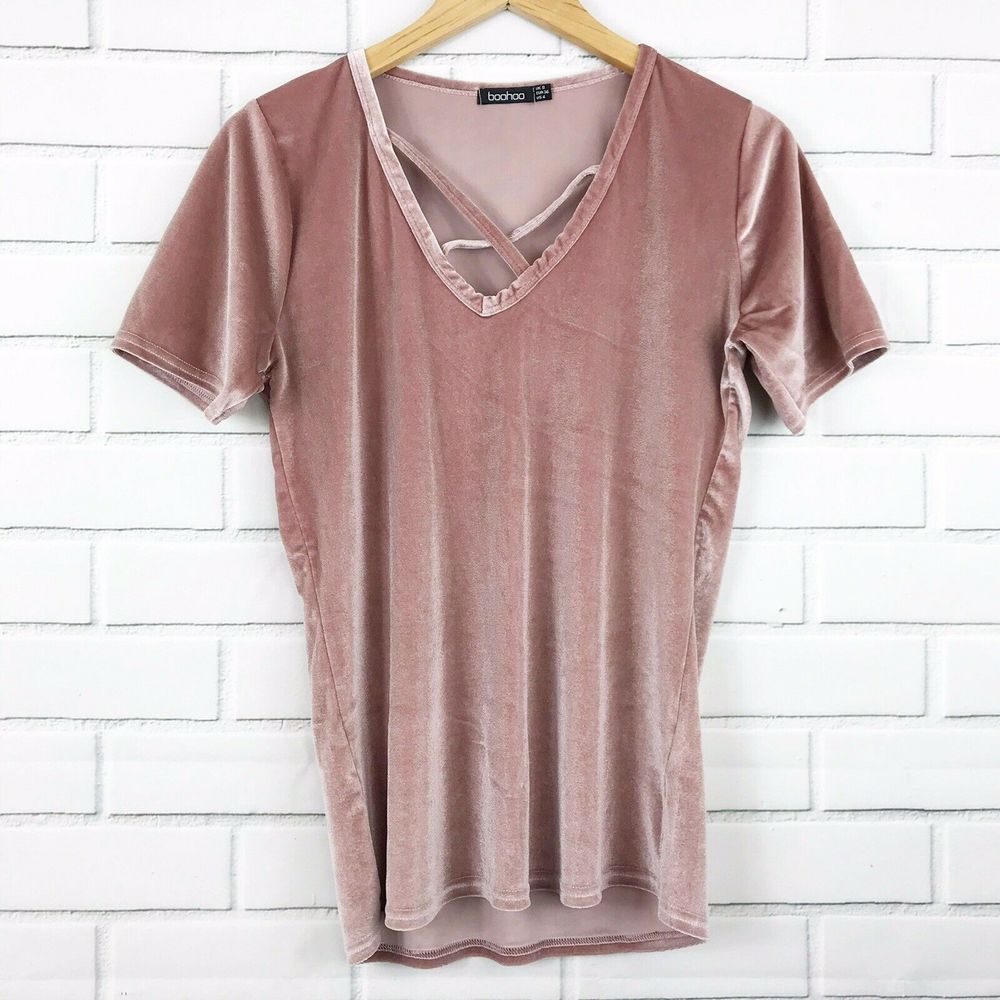 Boohoo Velvet Blush Pink Top 4 Cross V-neck